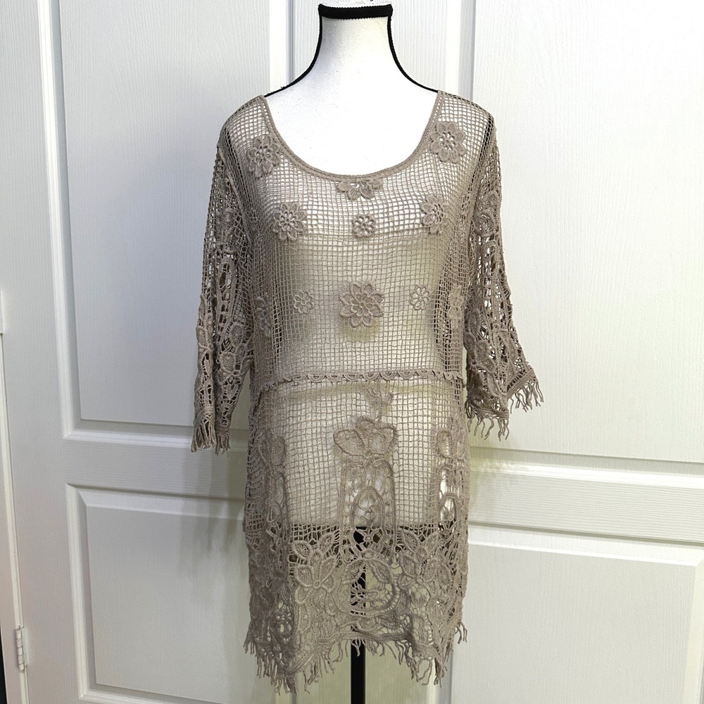 Boho Floral Crochet Mesh Tunic Top Fringe L Taupe Sheer Festival Coastal Hippie